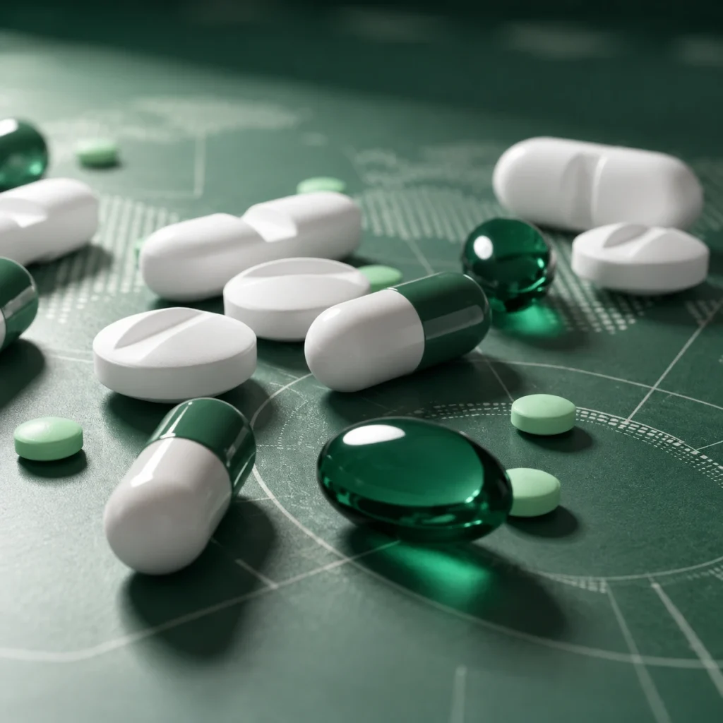 Medicine Pills on a Green Grid