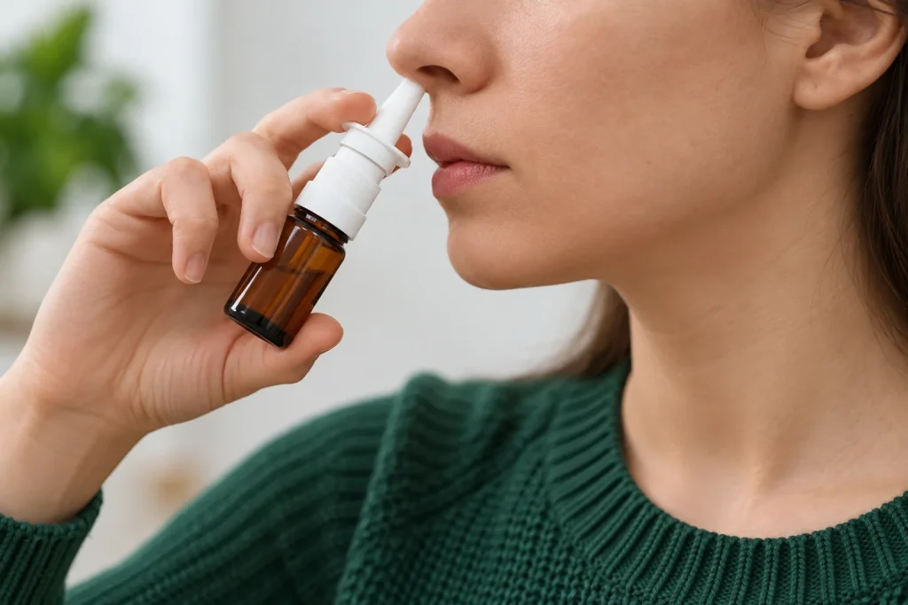 Woman Using Nasal Spray